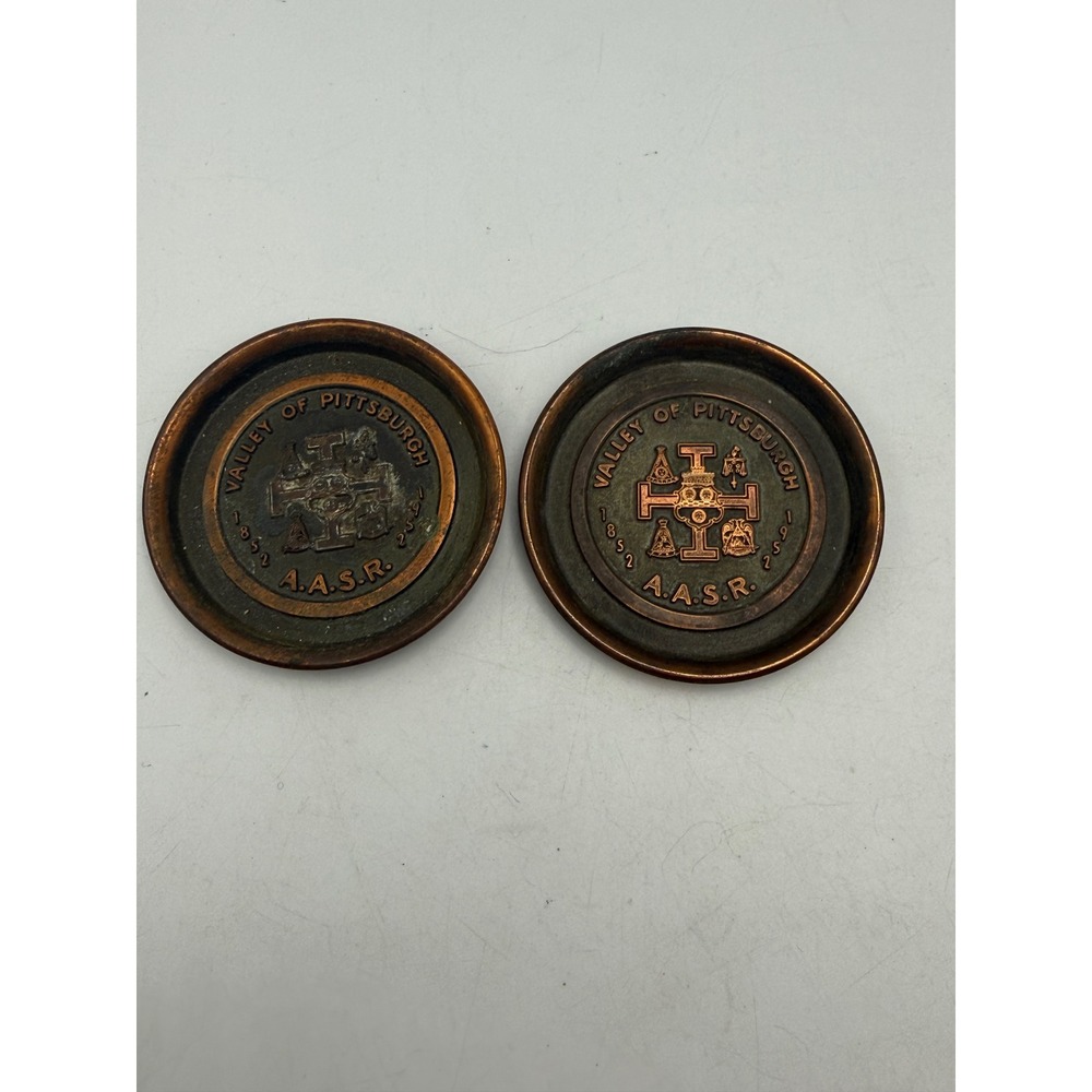 Vintage LE Mason Co AASR Valley of Pittsburgh Masonic Coasters Set of 2 Copper